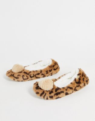 Totes fur pom pom ballet slipper in leopard
