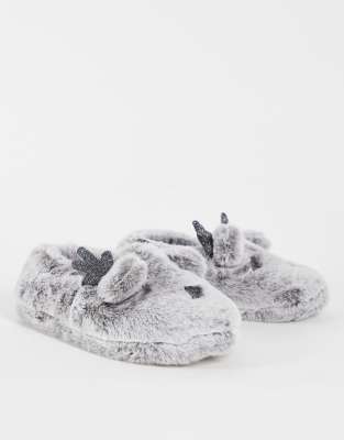 Totes Jul Grå fluffiga tofflor med ren ASOS