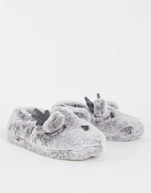 Totes - Kerstmis - Pluizige pantoffels met rendiermotief in grijs