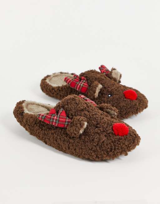 Totes - Kerstpantoffels met rendier in bruin