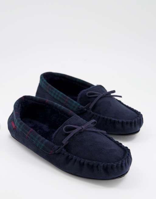 Totes mocasin slipper in navy check