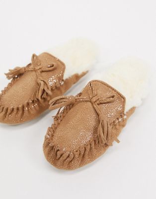 Totes moccasin mule slippers in tan sparkle-Brown