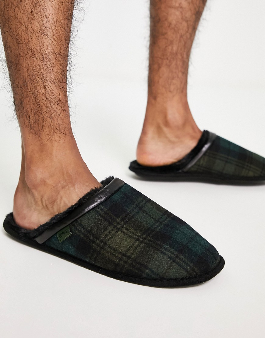 mule slippers in khaki plaid-Green