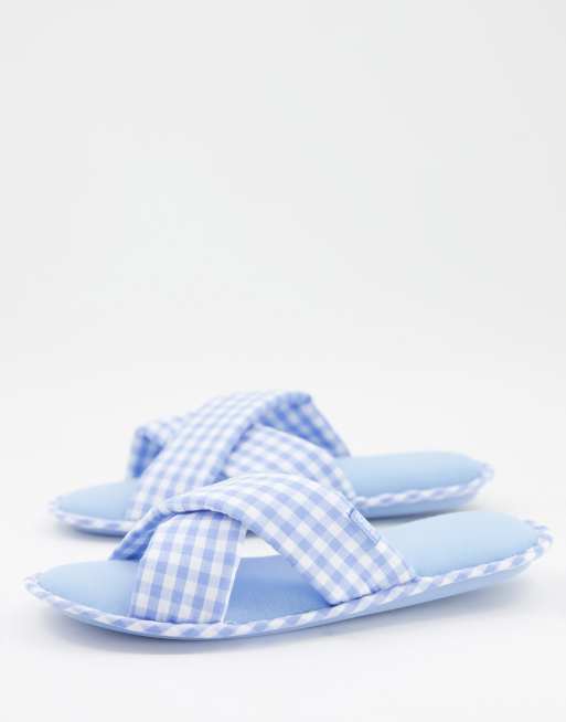 Totes - Pantoffels met gekruiste banden en gingham ruit in blauw