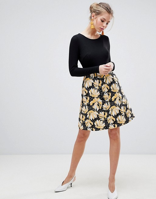 Traffic People Long Sleeve 2-in-1 Skater Dress With Jacquard Skirt