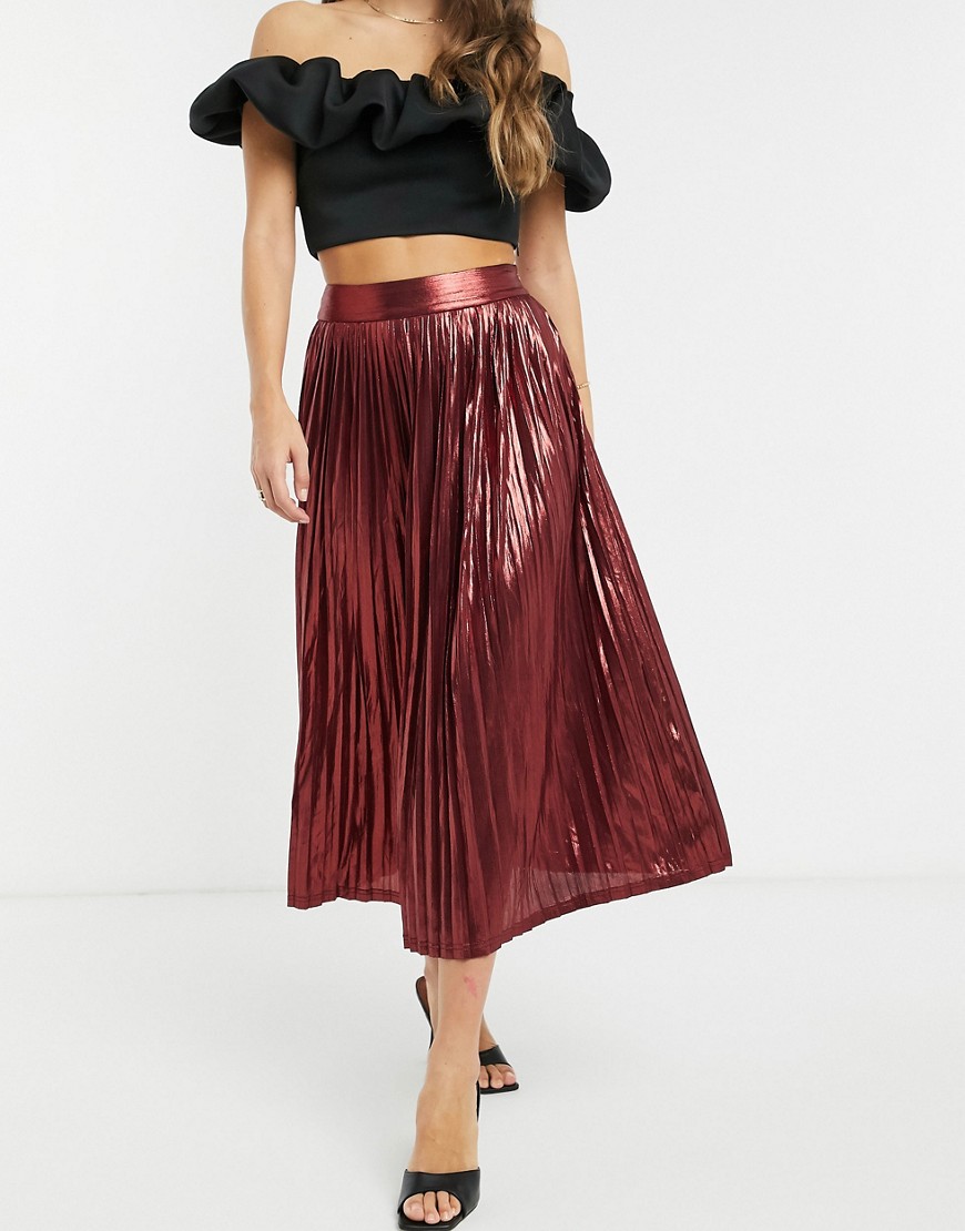Traffic People - Metalfarvet, plisseret midi-nederdel i vinfarve-Rød