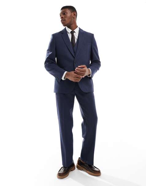 Traje azul de corte slim de tejido de espiga de mezcla de lino de ASOS DESIGN - view 1