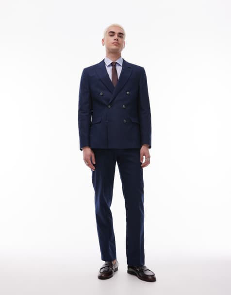 Traje azul marino con doble botonadura de mezcla de lino de Topman - view 1