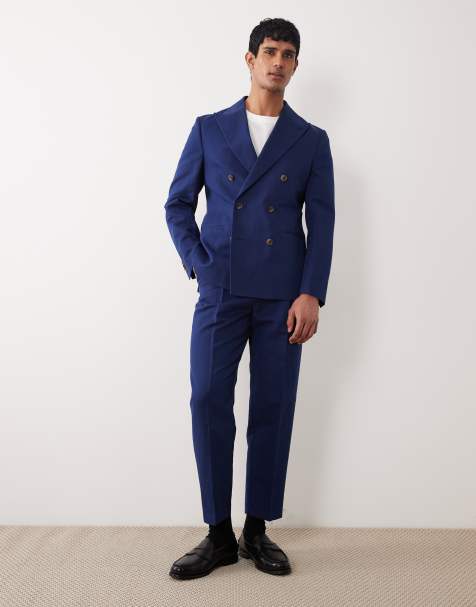 Traje azul marino de corte slim con doble botonadura de tejido rico en lino de ASOS DESIGN - view 1