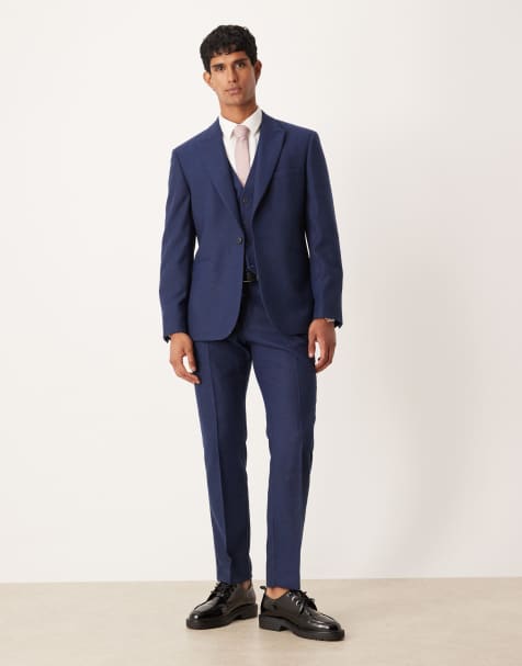Traje azul marino de corte slim con patrón de espiga de tejido con lana de ASOS DESIGN - view 1
