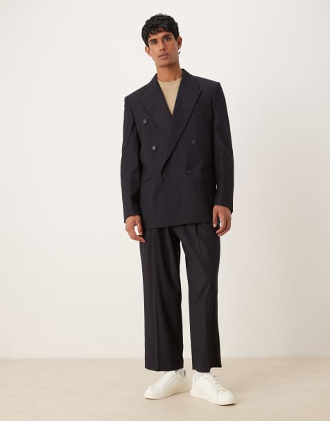 Traje azul marino holgado con doble botonadura y diseño sutil de rayas de tejido liso de ASOS DESIGN - view 1