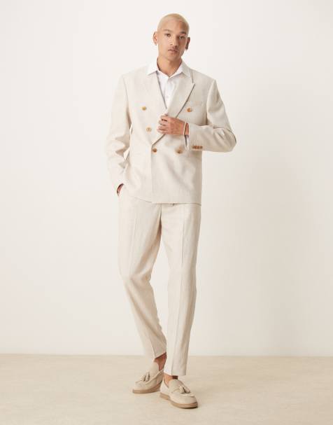 Traje beis de corte estándar con doble botonadura de mezcla de lino de ASOS DESIGN - view 1