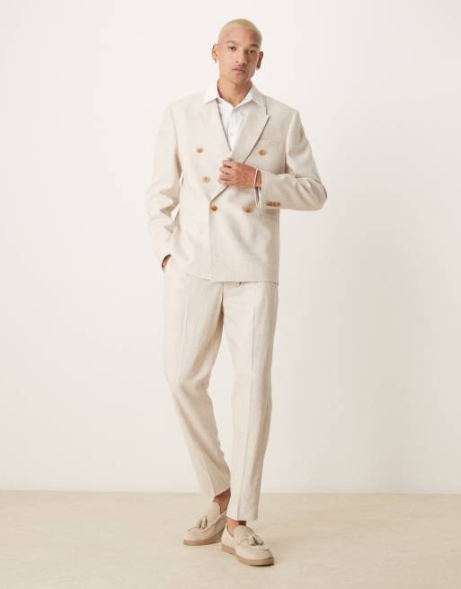Traje beis de corte estándar con doble botonadura de mezcla de lino de ASOS DESIGN