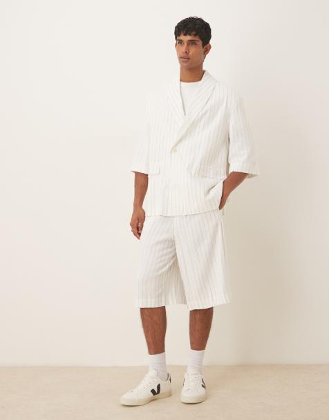 Traje blanco extragrande y holgado con raya diplomática de mezcla de lino de ASOS DESIGN - view 1