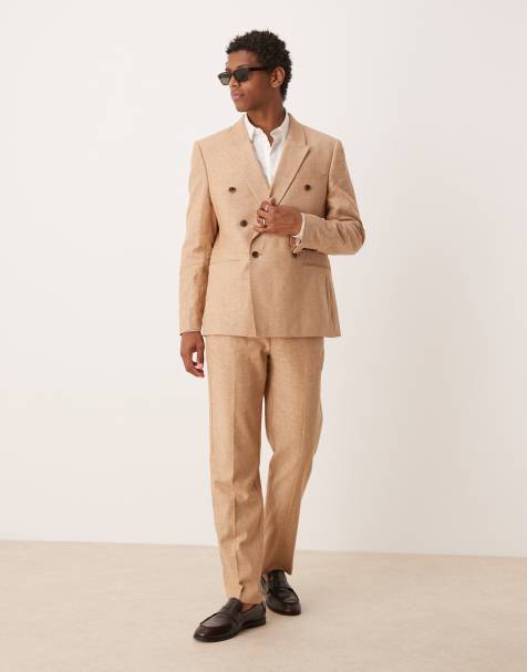 Traje color camel de corte estándar con doble botonadura de mezcla de lino de ASOS DESIGN - view 1
