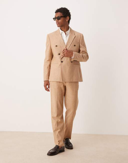 Traje color camel de corte estándar con doble botonadura de mezcla de lino de ASOS DESIGN