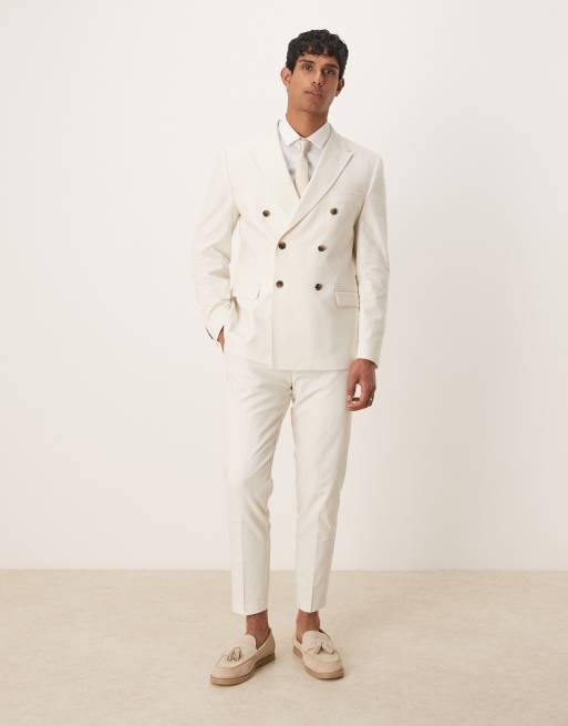 Traje color crudo de corte slim con doble botonadura de mezcla de lino de ASOS DESIGN