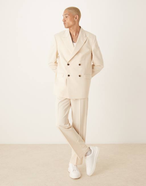 Traje color crudo holgado con doble botonadura y hombros marcados de algodón de ASOS DESIGN