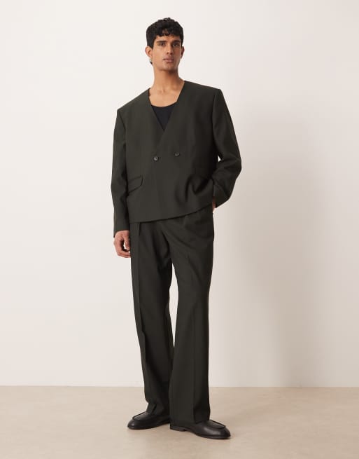 Traje color piedra a rayas de corte cuadrado de ASOS DESIGN