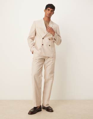 Traje color piedra a rayas de corte slim de lino de ASOS DESIGN