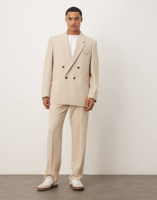 Traje color piedra de corte cuadrado sin solapas de lino de ASOS DESIGN