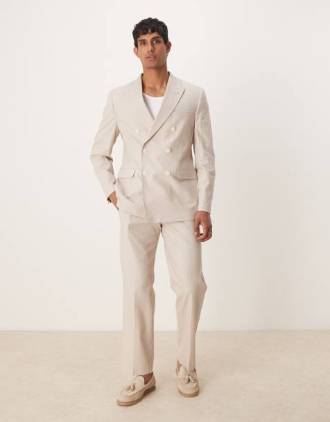Traje color piedra de corte estándar con doble botonadura de mezcla de lino de ASOS DESIGN - view 1