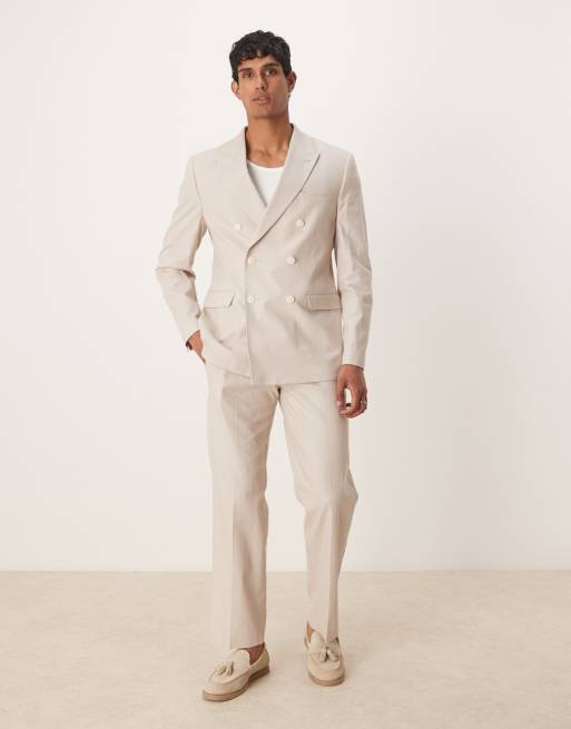 Traje color piedra de corte estándar con doble botonadura de mezcla de lino de ASOS DESIGN