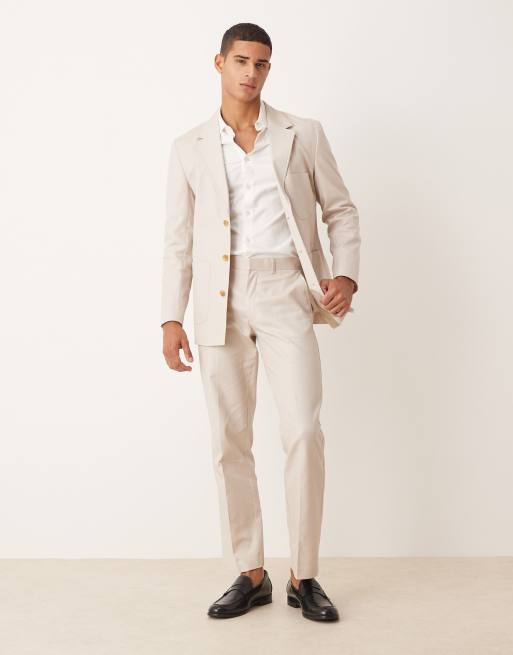 Traje color piedra de corte estándar de sarga de mezcla de algodón y lino de ASOS DESIGN