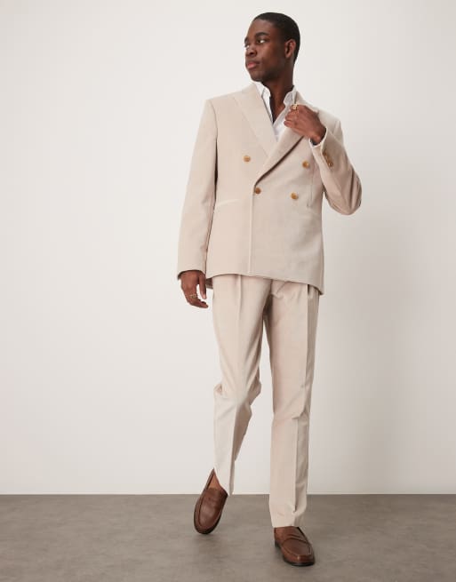Traje color piedra de corte slim con doble botonadura de terciopelo de algodón de ASOS DESIGN