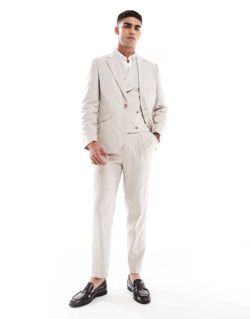 Traje color piedra de corte slim de sarga de mezcla de lino de ASOS DESIGN