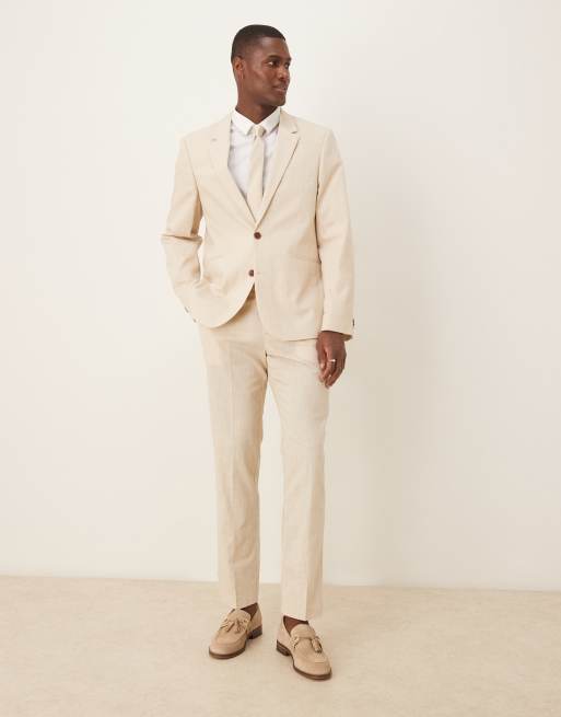 Traje color piedra de corte slim de tejido efecto lino de ASOS DESIGN