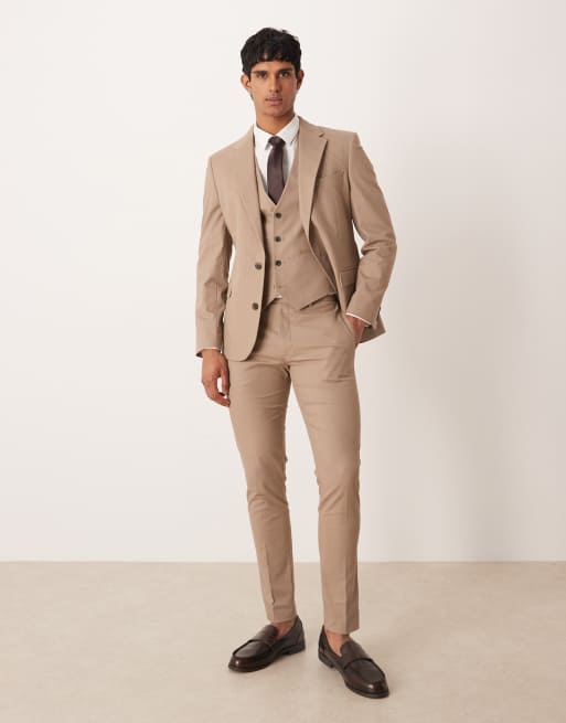 Traje color piedra entallado con patrón de espiga de ASOS DESIGN