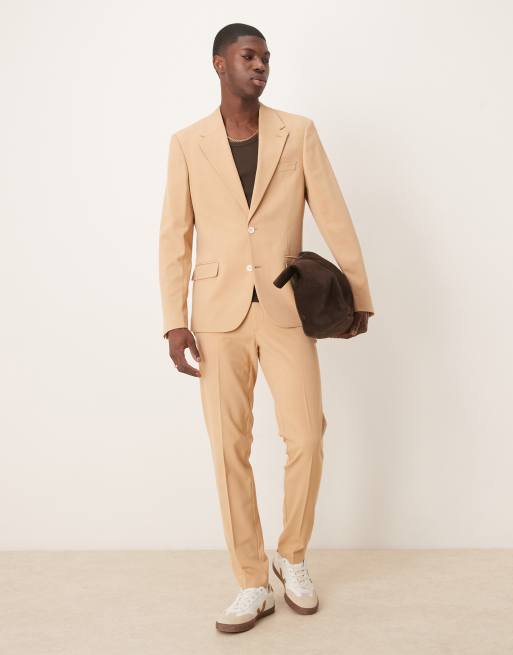 Traje color piedra entallado de tejido elástico en cuatro direcciones de ASOS DESIGN