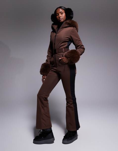 Traje de esquí marrón café con cinturón, raya lateral y ribete de piel sintética de tejido estilo softshell de ASOS 4505 Ski - view 1