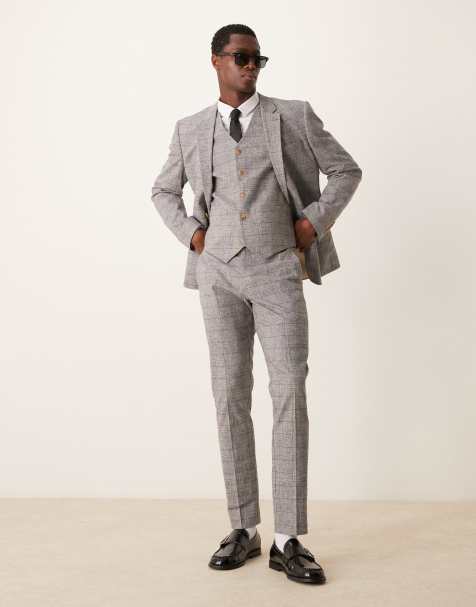 Traje gris entallado con estampado de cuadros príncipe de Gales de lino de ASOS DESIGN - view 1