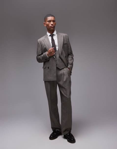 Traje marrón con patrón de espiguilla de mezcla de lana de Topman - view 1