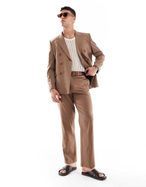 Traje marrón de corte estándar con doble botonadura de mezcla de lino de ASOS DESIGN - view 1