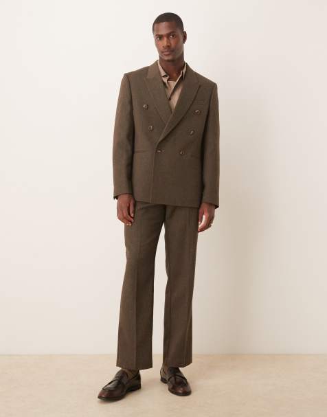 Traje marrón de corte estándar con doble botonadura y patrón de espiga de mezcla de lana de ASOS DESIGN - view 1