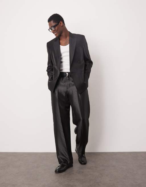 Traje negro metalizado de corte estándar con doble botonadura de satén de ASOS DESIGN