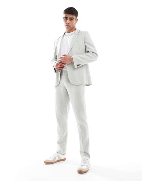 Traje verde claro de corte slim con patrón de espiga de tejido con lino de ASOS DESIGN - view 1