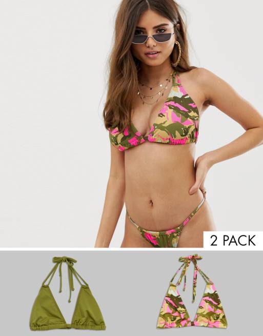 Trekantsbikinitop i khaki og pinkfarvet camouflageprint, multipakke, større skål, fra ASOS DESIGN - dd-g