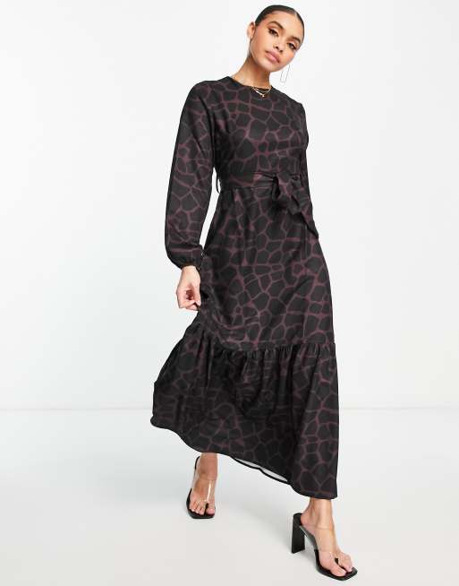 Trendyol animal print long sleeve maxi dress in burgundy