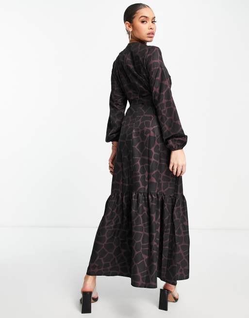 Trendyol animal print long sleeve maxi dress in burgundy, 2 of 4