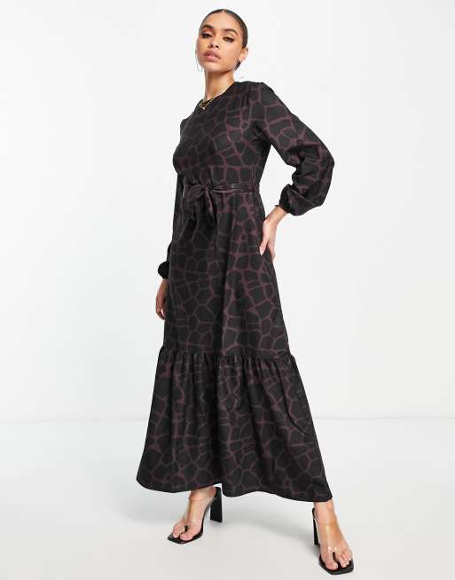 Trendyol animal print long sleeve maxi dress in burgundy, 4 of 4