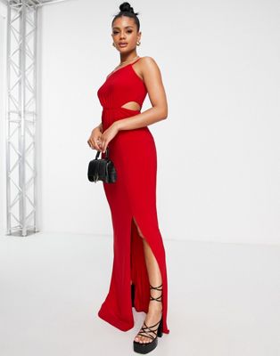 asymmetric strappy maxi dress with cut out in red
