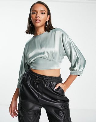 Trendyol Balloon Sleeve Cropped Blouse In Sage Satin-green