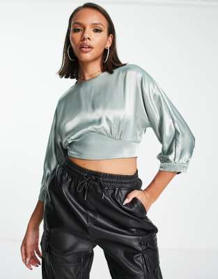 Trendyol balloon sleeve cropped blouse in sage satin