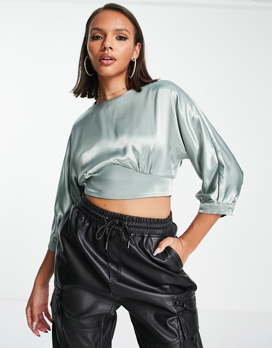 Trendyol Balloon Sleeve Cropped Blouse In Sage Satin-green