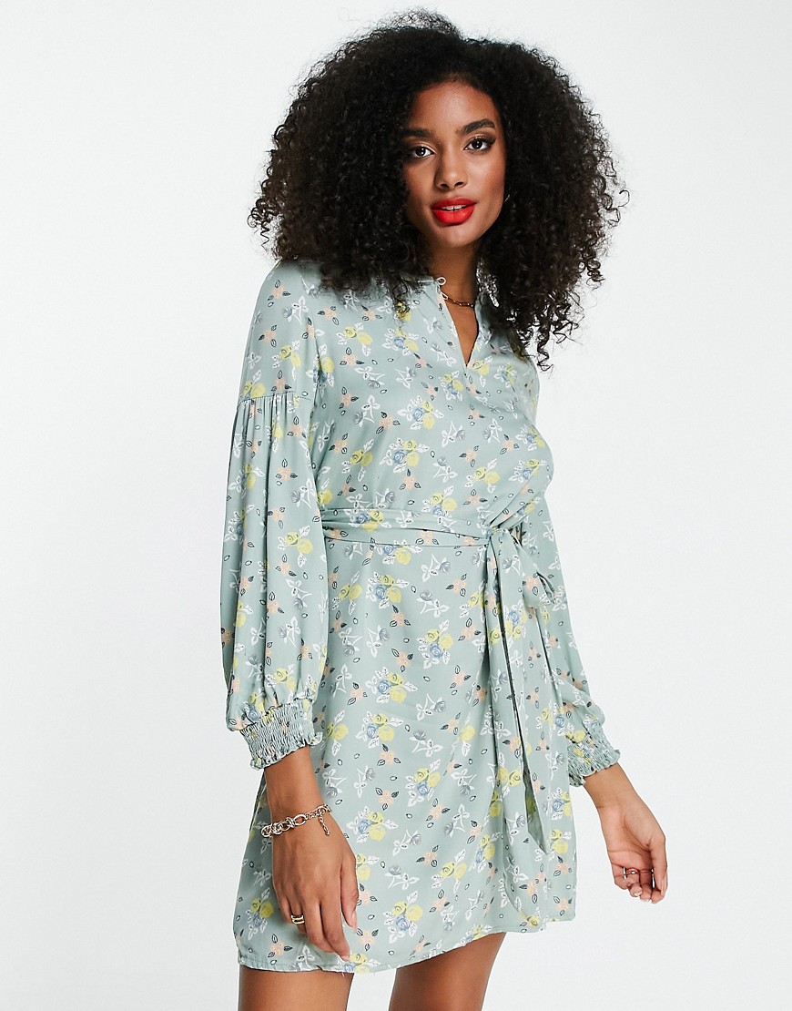 Trendyol balloon sleeve mini dress with wrap front in sage floral-Green