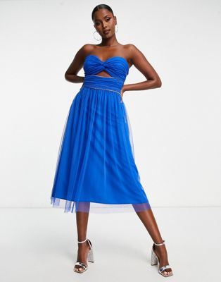 Trendyol Bandeau Midi Dress With Cut Out In Blue